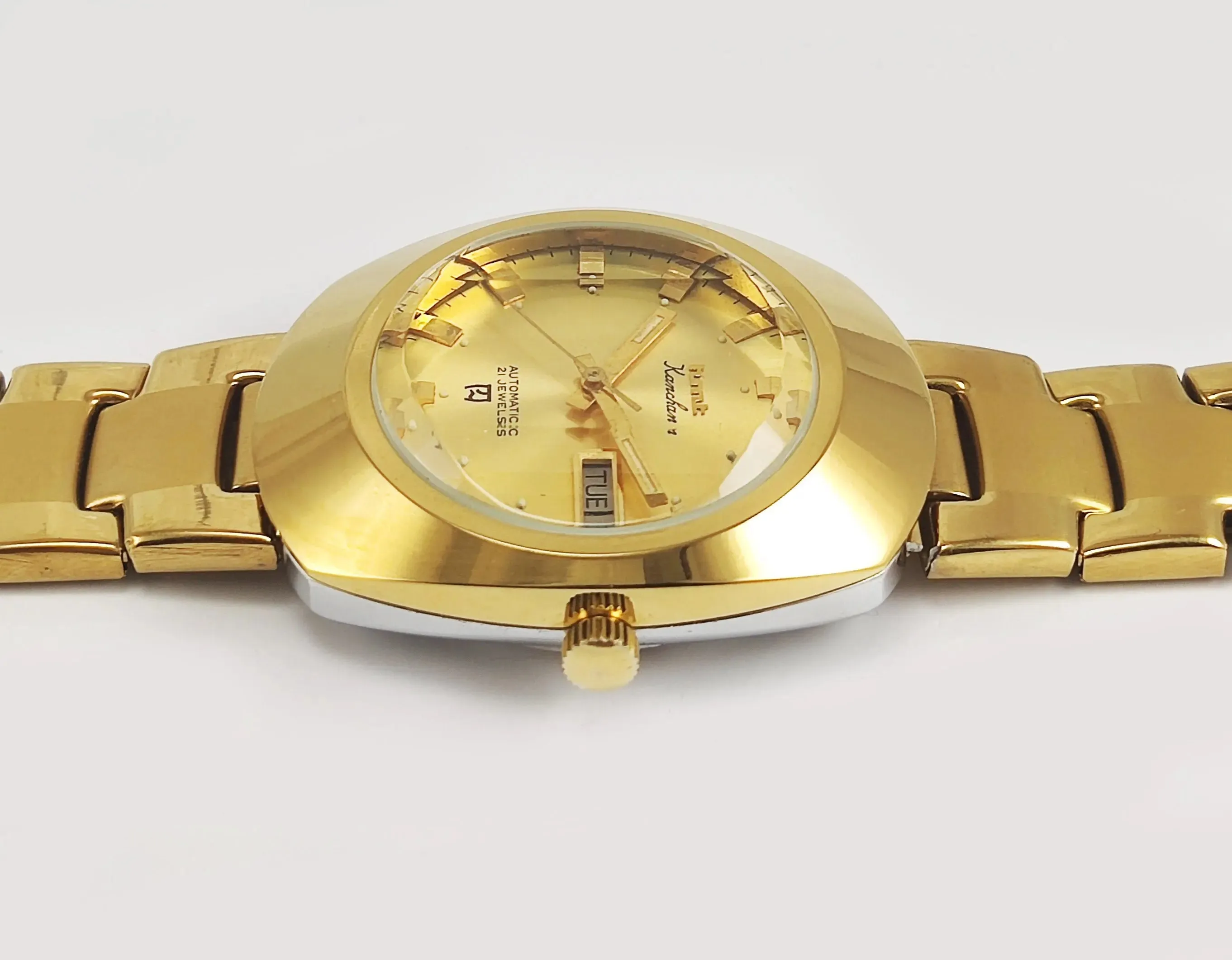 HMT Kanchan Para Shock 21 Jewels Golden Dial Day Date Function Mechanical Automatic Men's Wrist Watch