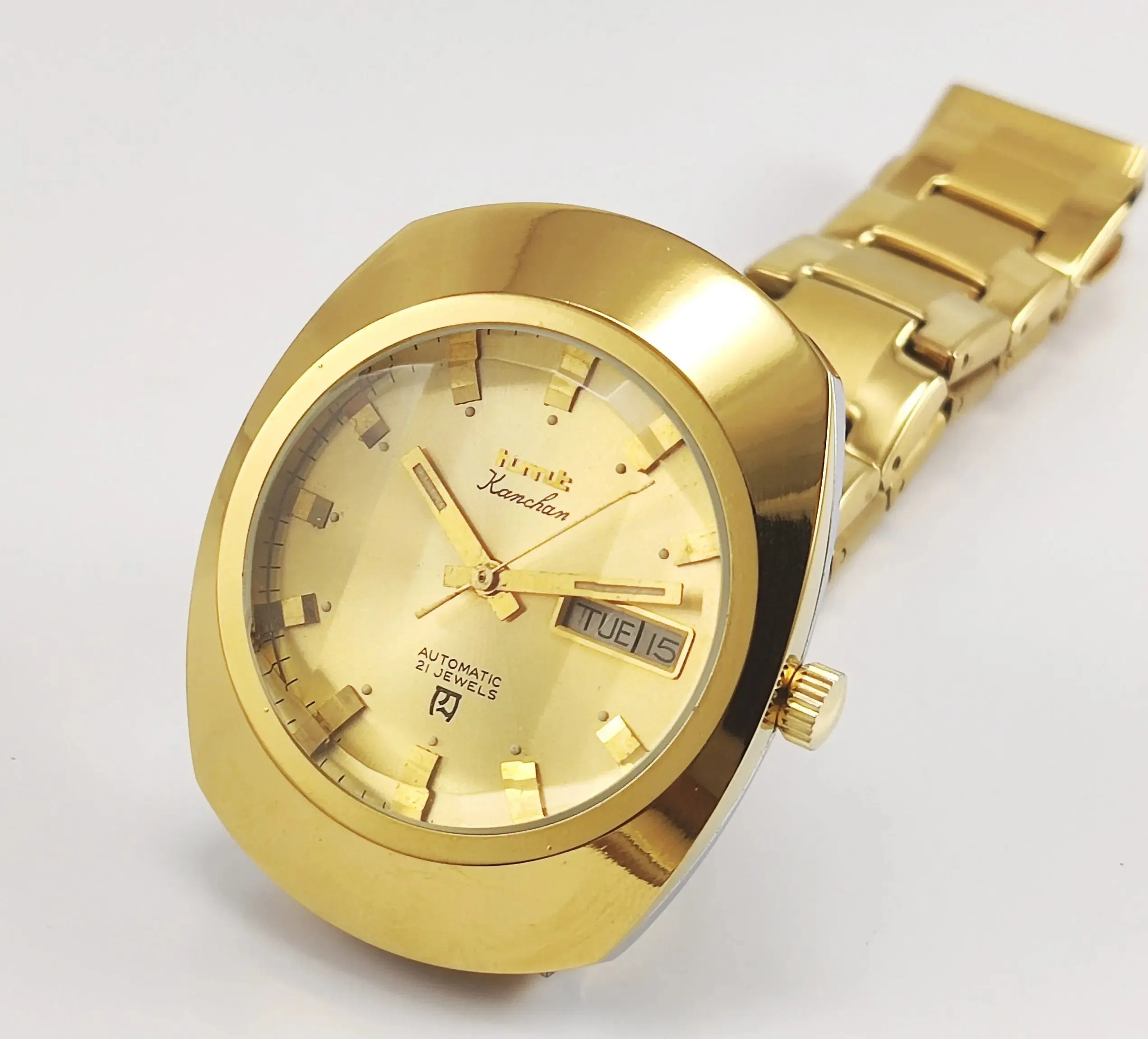 HMT Kanchan Para Shock 21 Jewels Golden Dial Day Date Function Mechanical Automatic Men's Wrist Watch