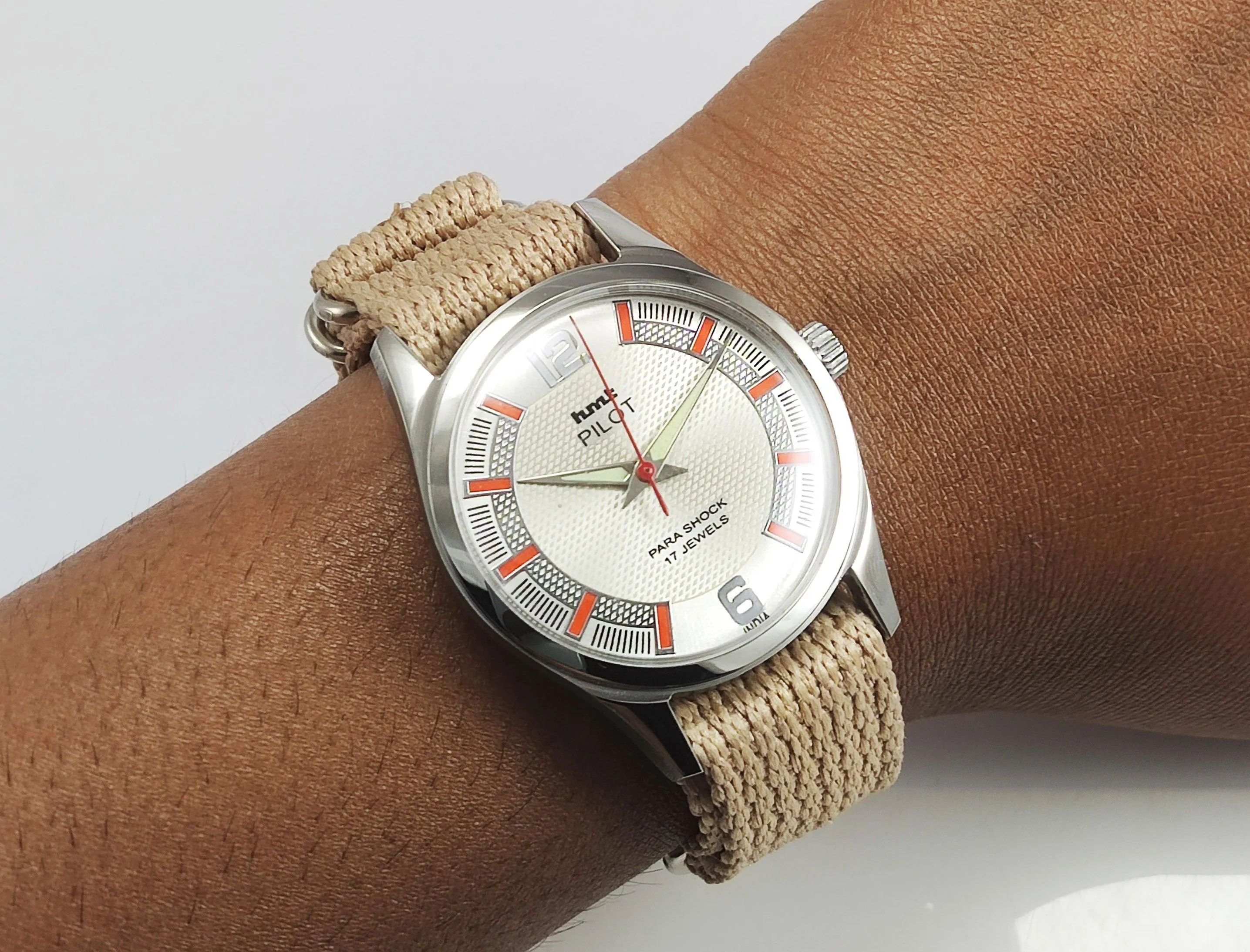 HMT Pilot Para Shock 17 Jewels Pearl Dial Radium Hands Transparent Back Mechanical Hand winding Men's Wrist Watch