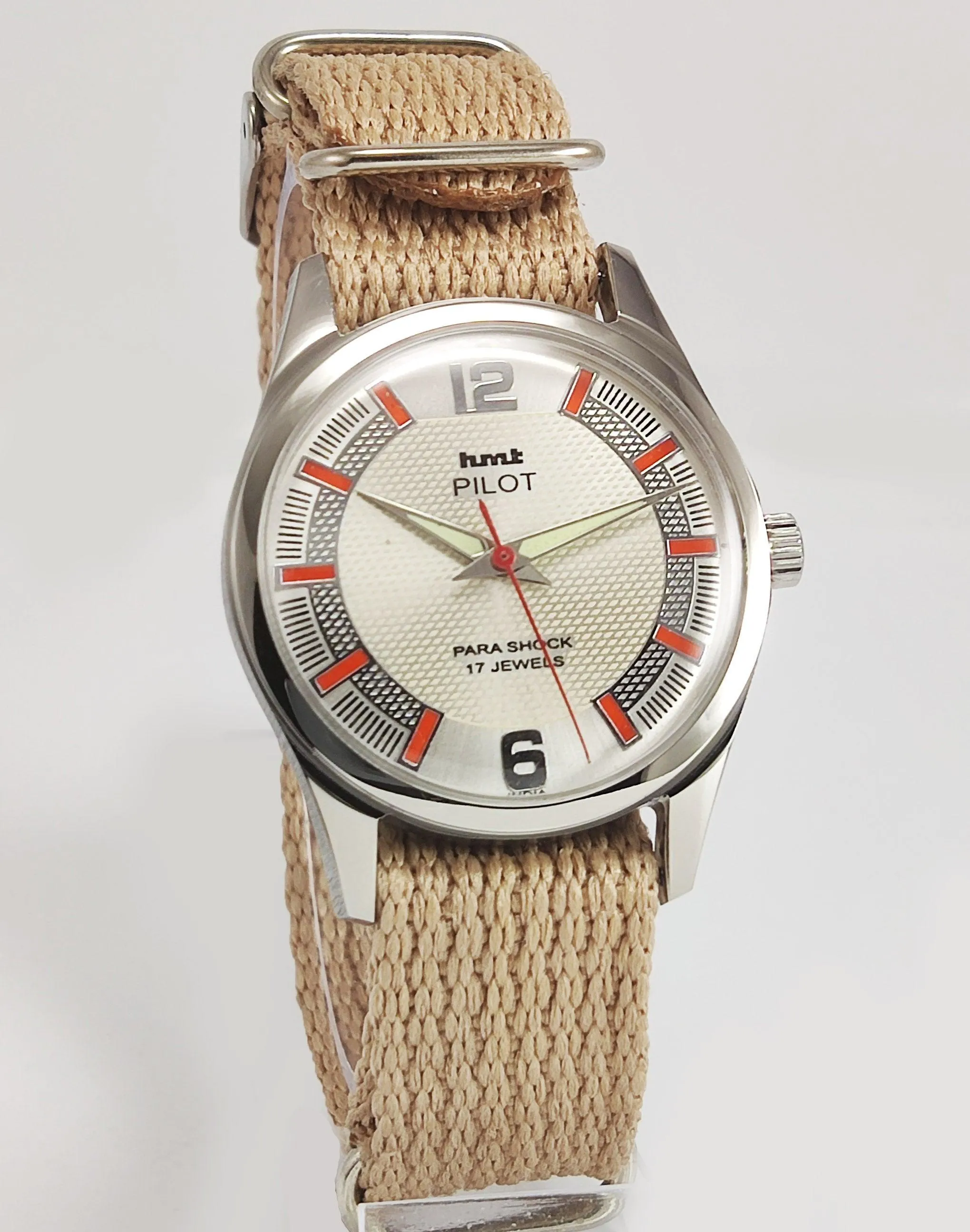 HMT Pilot Para Shock 17 Jewels Pearl Dial Radium Hands Transparent Back Mechanical Hand winding Men's Wrist Watch