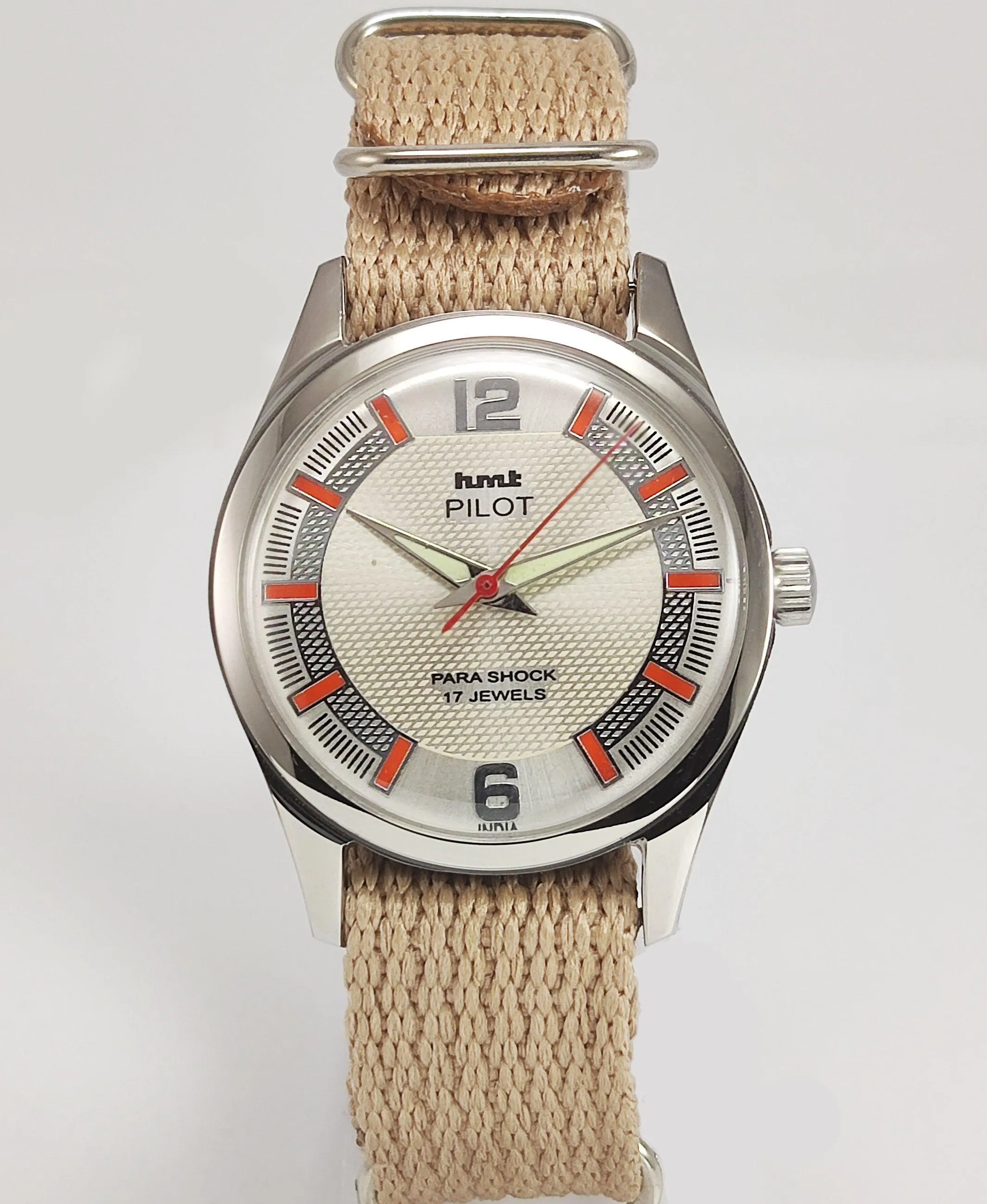 HMT Pilot Para Shock 17 Jewels Pearl Dial Radium Hands Transparent Back Mechanical Hand winding Men's Wrist Watch