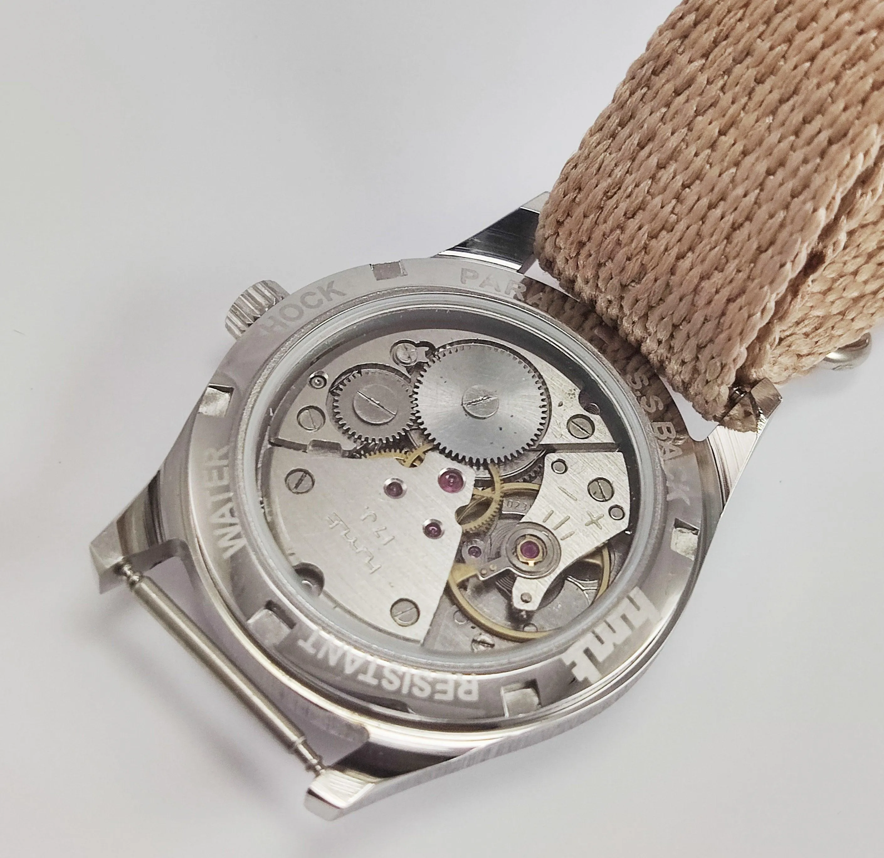 HMT Pilot Para Shock 17 Jewels Pearl Dial Radium Hands Transparent Back Mechanical Hand winding Men's Wrist Watch