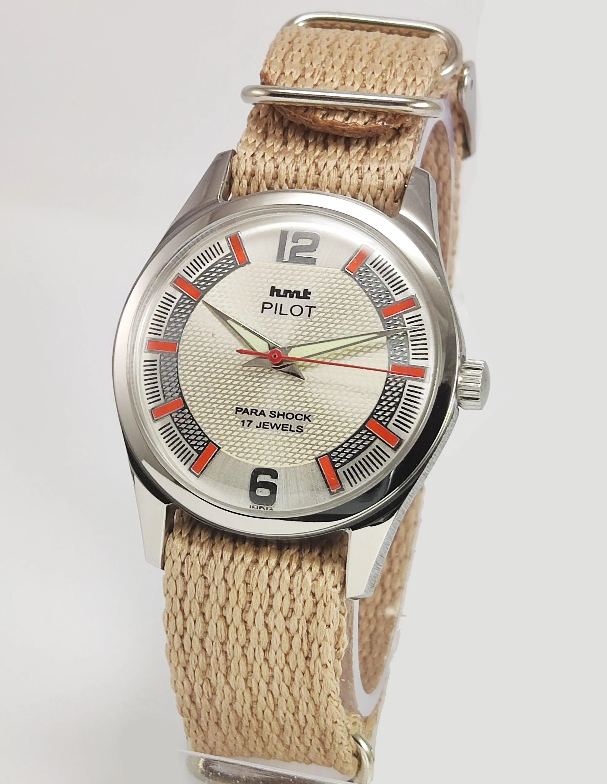 HMT Pilot Para Shock 17 Jewels Pearl Dial Radium Hands Transparent Back Mechanical Hand winding Men's Wrist Watch