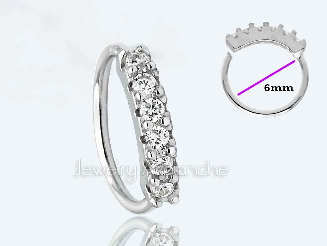 Jewelry Avalanche 925 Sterling Silver Nose Ring, 22G Nostril Hoop Ring, Helix Earring, Cartilage Earring, 6mm-9mm Inside Diameter, Prong set 7-CZ Accented