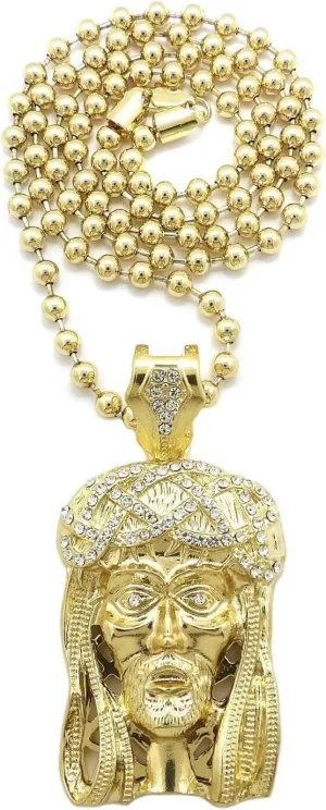 Jewelry For HIP HOP ICED GOLD PLATED JESUS HEAD PENDANT & 5mm 30" Ball CHAIN BLING NECKLACE Style-2345908-4746