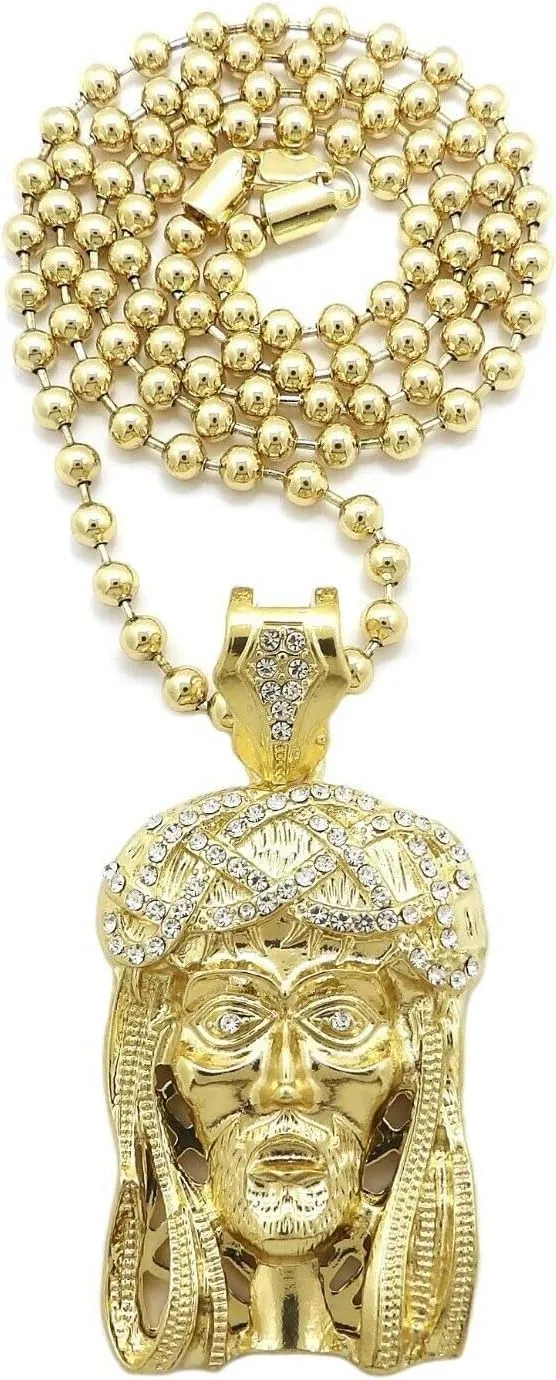 Jewelry For HIP HOP ICED GOLD PLATED JESUS HEAD PENDANT & 5mm 30" Ball CHAIN BLING NECKLACE Style-2345908-4746