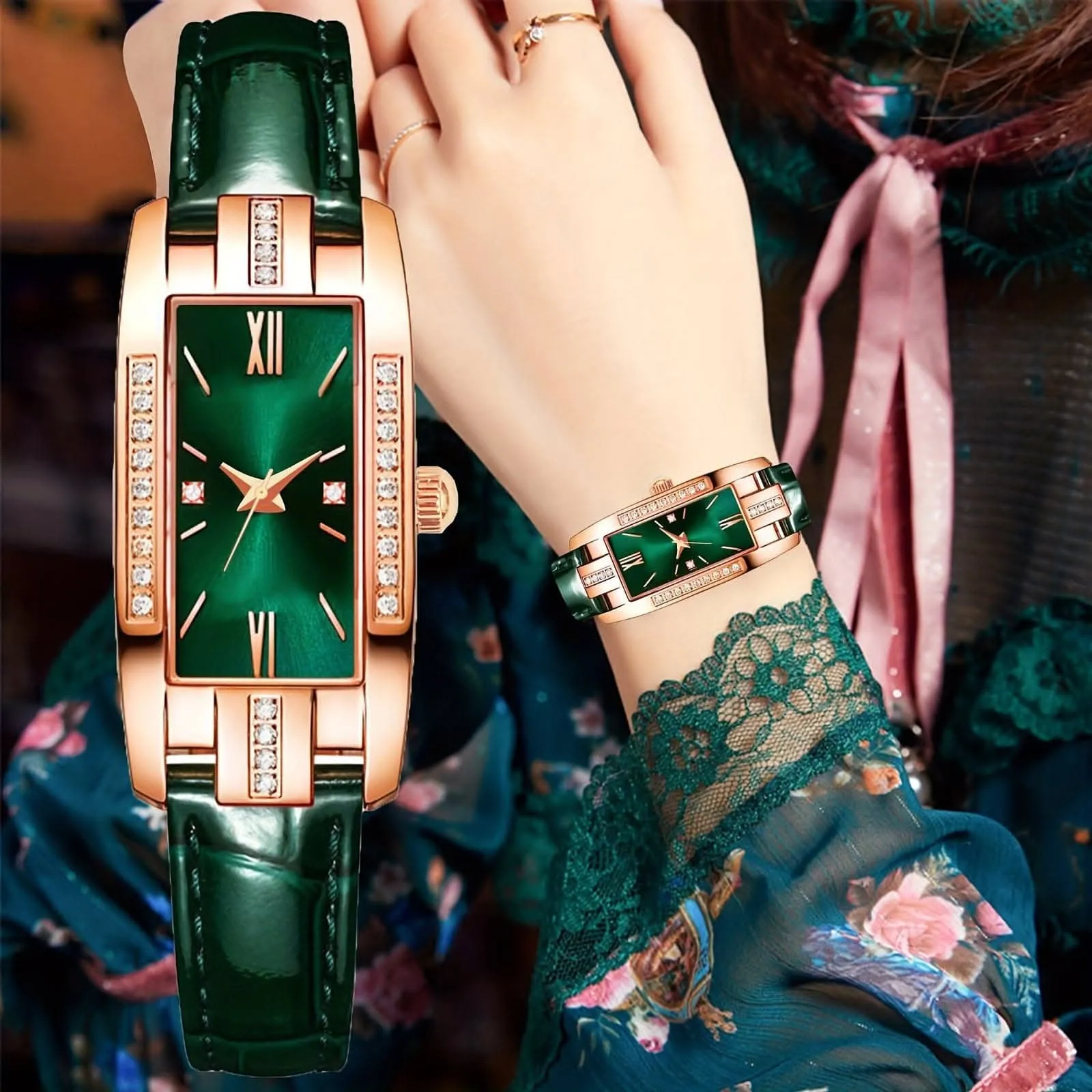 Lady’s Vintage Quartz Watch – Square Dial with Roman Numerals & Rhinestones