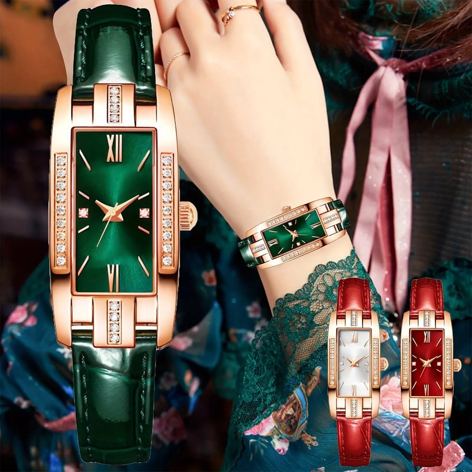 Lady’s Vintage Quartz Watch – Square Dial with Roman Numerals & Rhinestones
