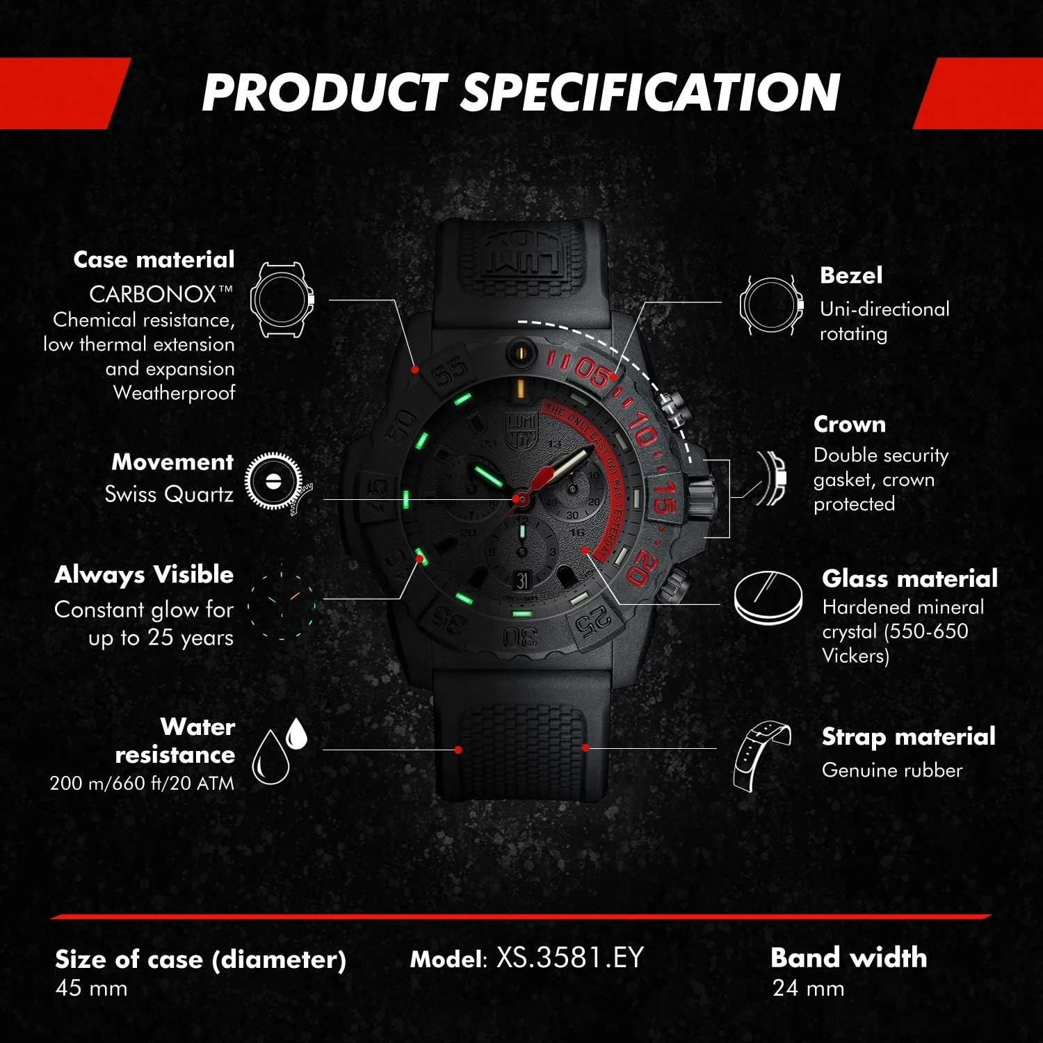 Luminox - Navy Seal - Men's Watch 45 mm  Military Diving Watch - Black Chronograph - Water Resistant - Mens Watch - Date Function - 200 m - Mens Watches - Made in Switzerland