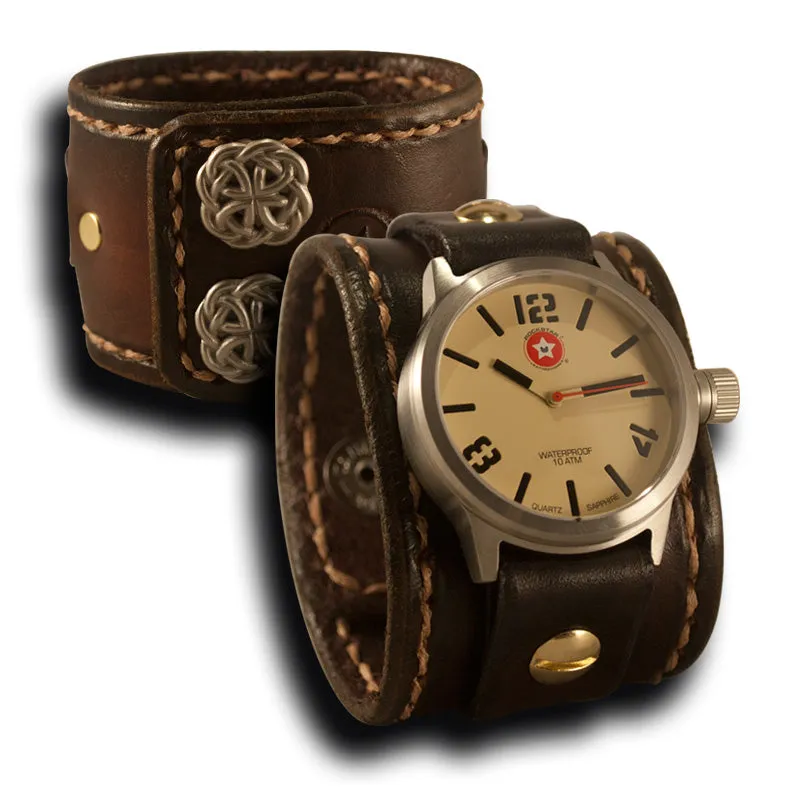 Medium Brown Stressed Leather Cuff Watch Stainless 42MM Sapphire