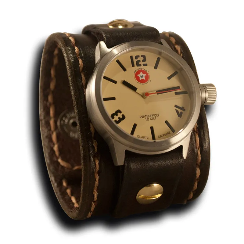 Medium Brown Stressed Leather Cuff Watch Stainless 42MM Sapphire