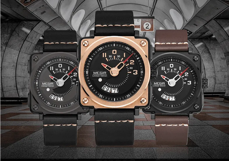 Megir Square Big Dial Watch Calendar Quartz Watch For Men 2040