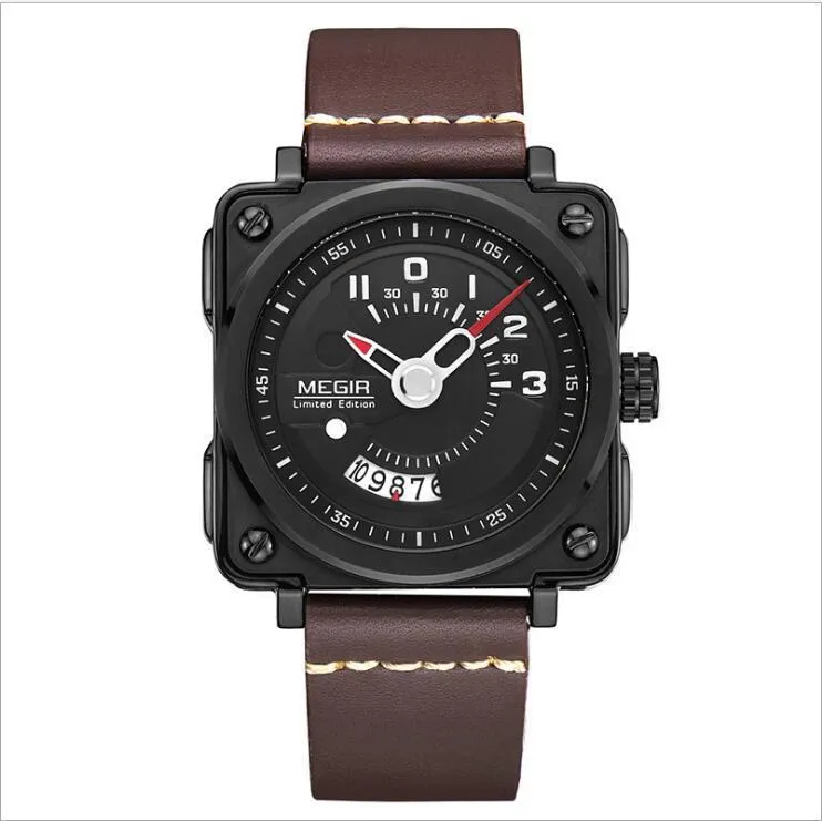 Megir Square Big Dial Watch Calendar Quartz Watch For Men 2040