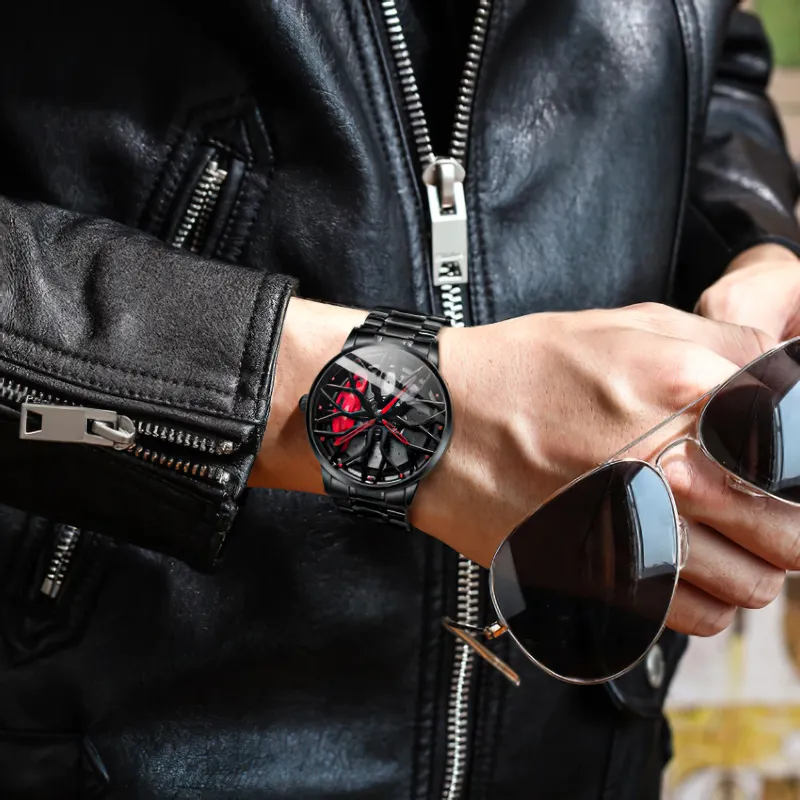Men Stylish Watch Of Super Car Wheel Design With Glass / Stainless Steel Waterproof Watch