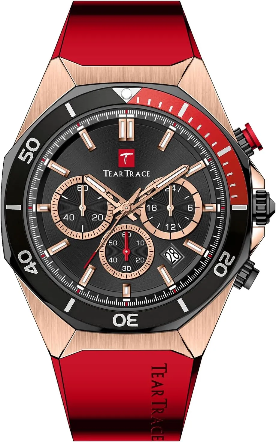 Mens Red Watches for Men Waterproof Quartz Chronograph Stopwatch Analog Sports Water Resistant 43MM Big Face Silicone Bracelet Male Wristwatch