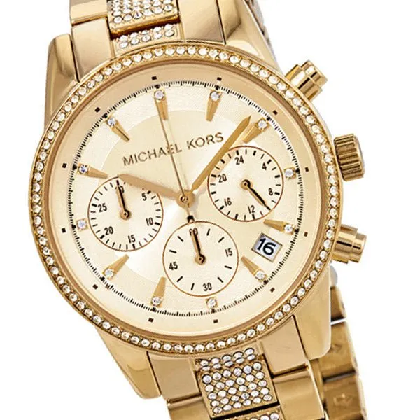 Michael Kors Ritz Gold Stainless Steel Gold Dial Chronograph Quartz Watch for Ladies - MK6484