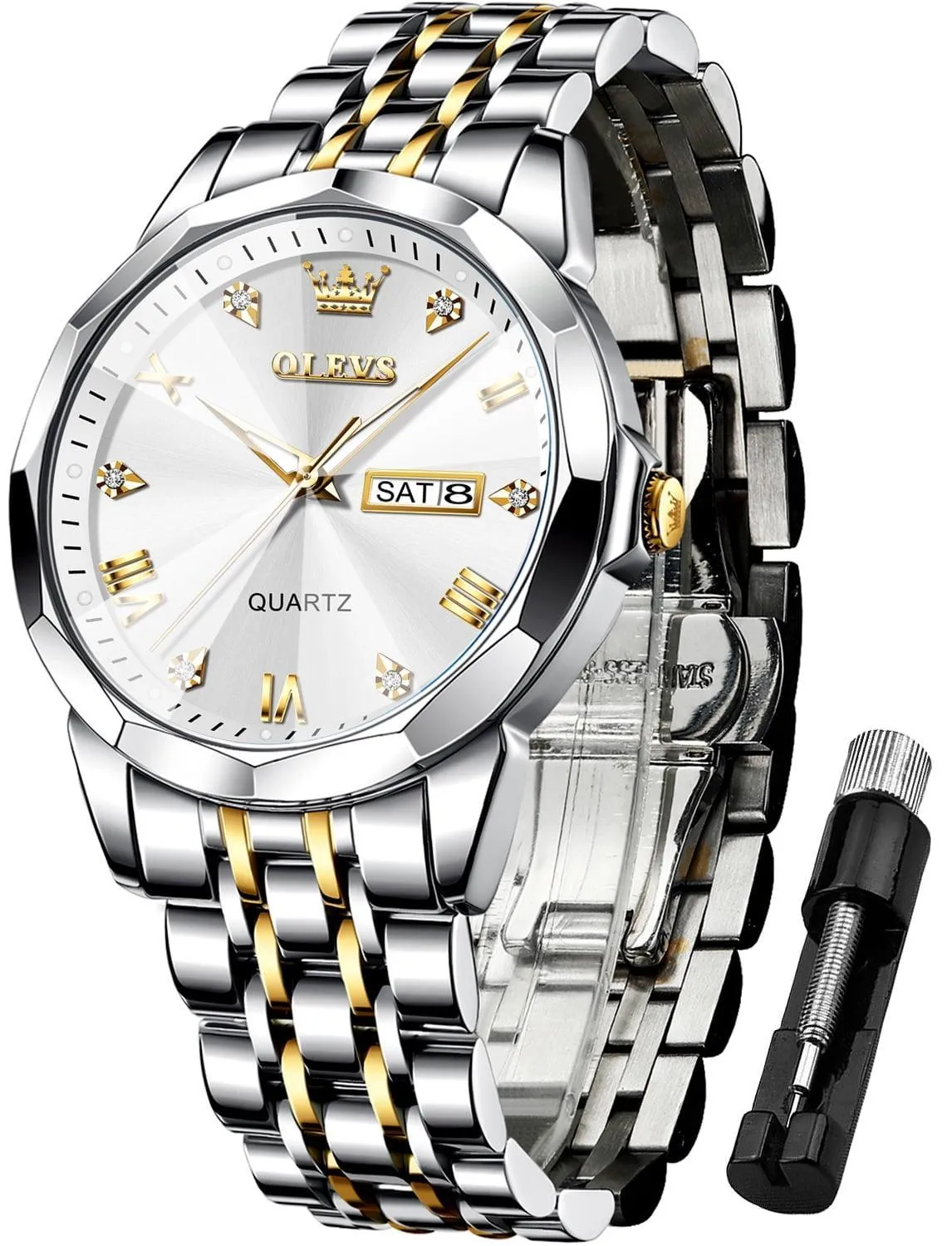 OLEVS Watch for Men Diamond Business Dress Analog Quartz Stainless Steel Waterproof Luminous Date Two Tone Luxury Casual Wrist Watch