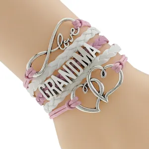 Pink With White Leather Braid Cord Silver Infinity Love Grandma Bracelet Charm Heart For Xmas Gift