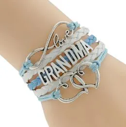 Pink With White Leather Braid Cord Silver Infinity Love Grandma Bracelet Charm Heart For Xmas Gift