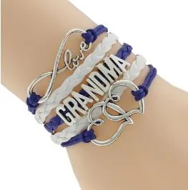 Pink With White Leather Braid Cord Silver Infinity Love Grandma Bracelet Charm Heart For Xmas Gift