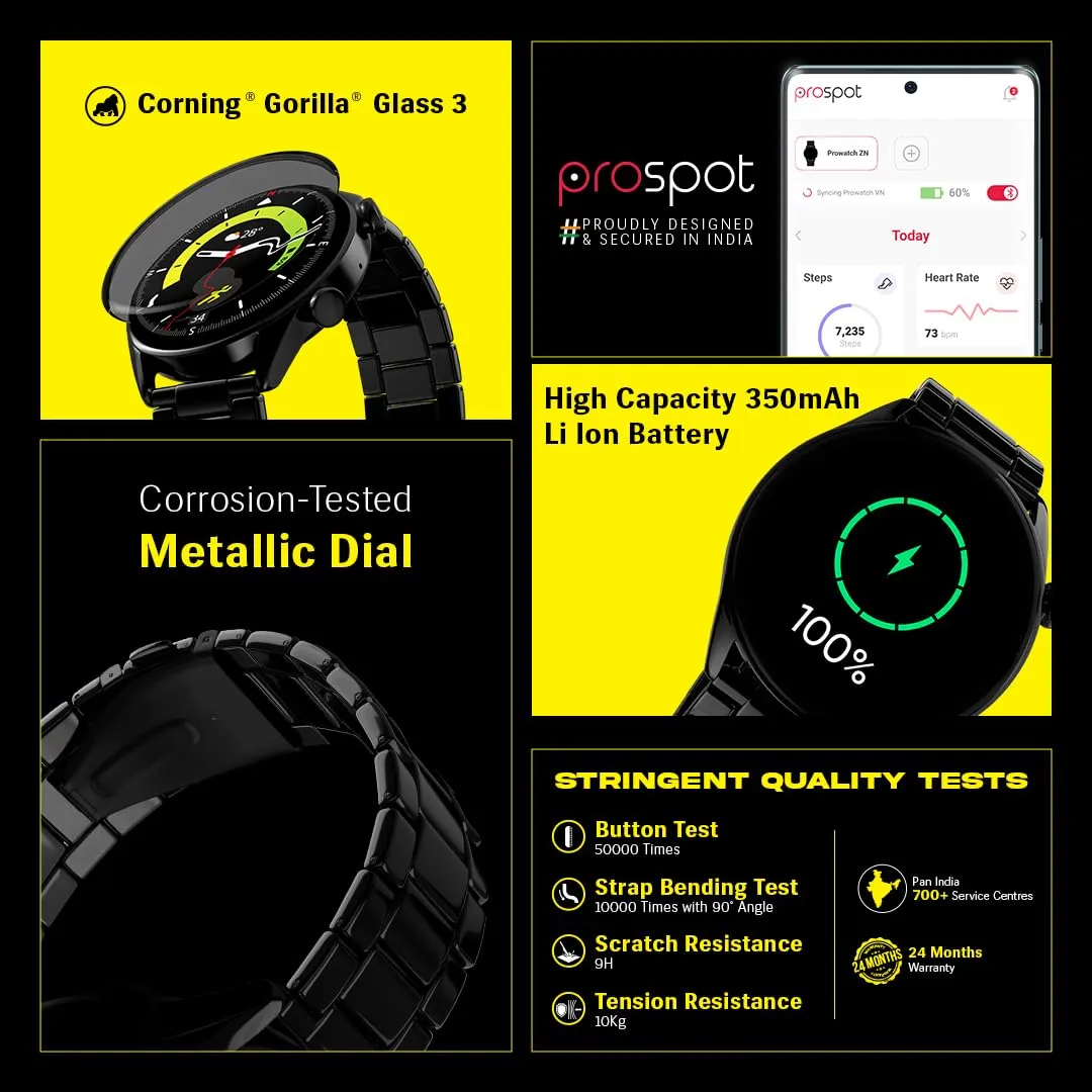 Prowatch ZN with 2 Year Warranty | 1.43" with AMOLED Display, Corning® Gorilla® Glass 3 466 * 466 | 600 Nits Brightness | Zinc Alloy Metal Body with Stainless Steel Straps | 350 mAh Battery | Black