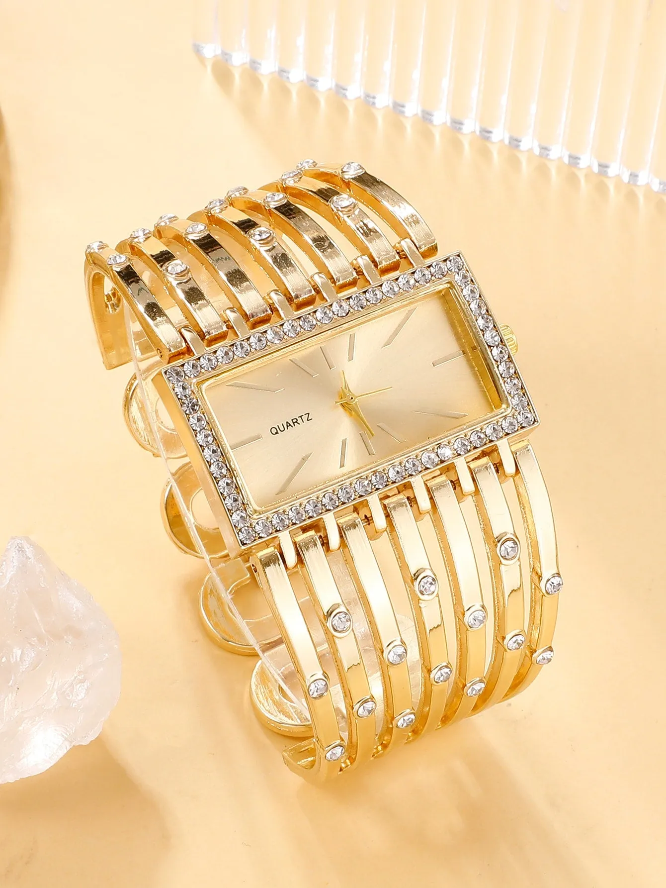 Rhinestone Decor Square Pointer Quartz Watch