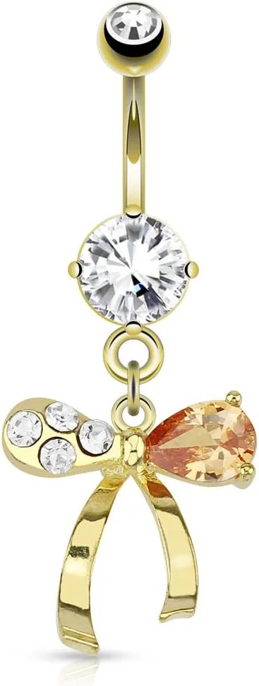 Ribbon with Clear and Topaz Colored Gems Dangle Gold Plated WildKlass Navel Ring (Sold by Piece)