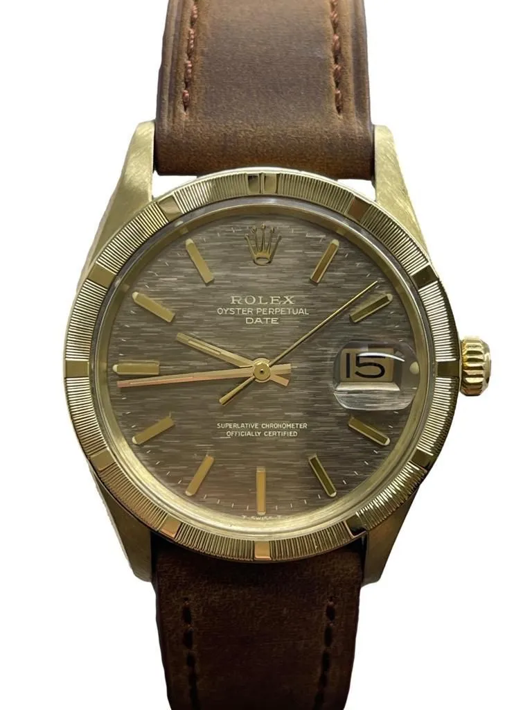 Rolex Date 34mm 14K Yellow Gold 1501 Brown Mosaic Dial Automatic Watch