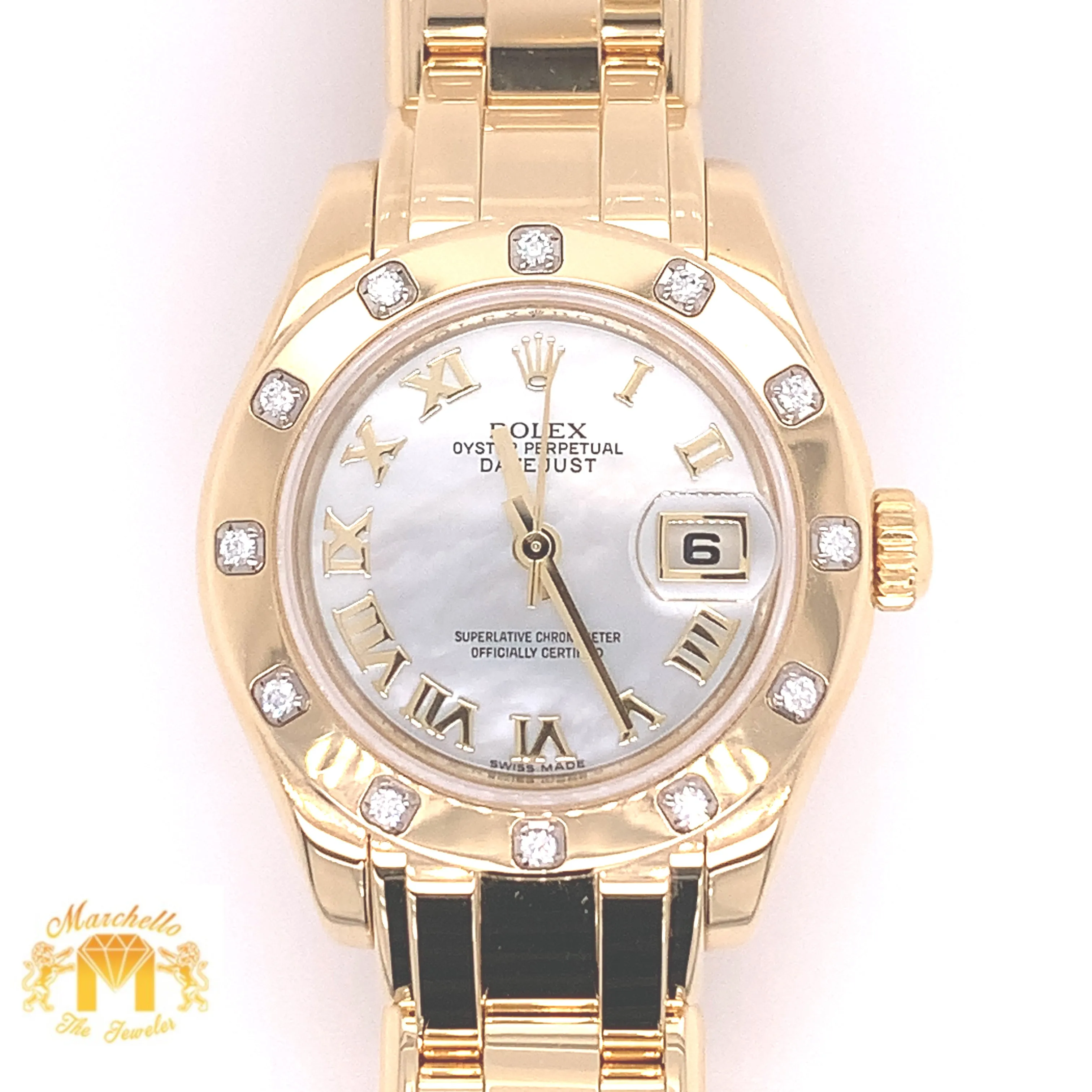 Rolex Datejust Pearlmaster 29mm Ladies 18kt Yellow Gold 12 Diamond Bezel (MOP dial)