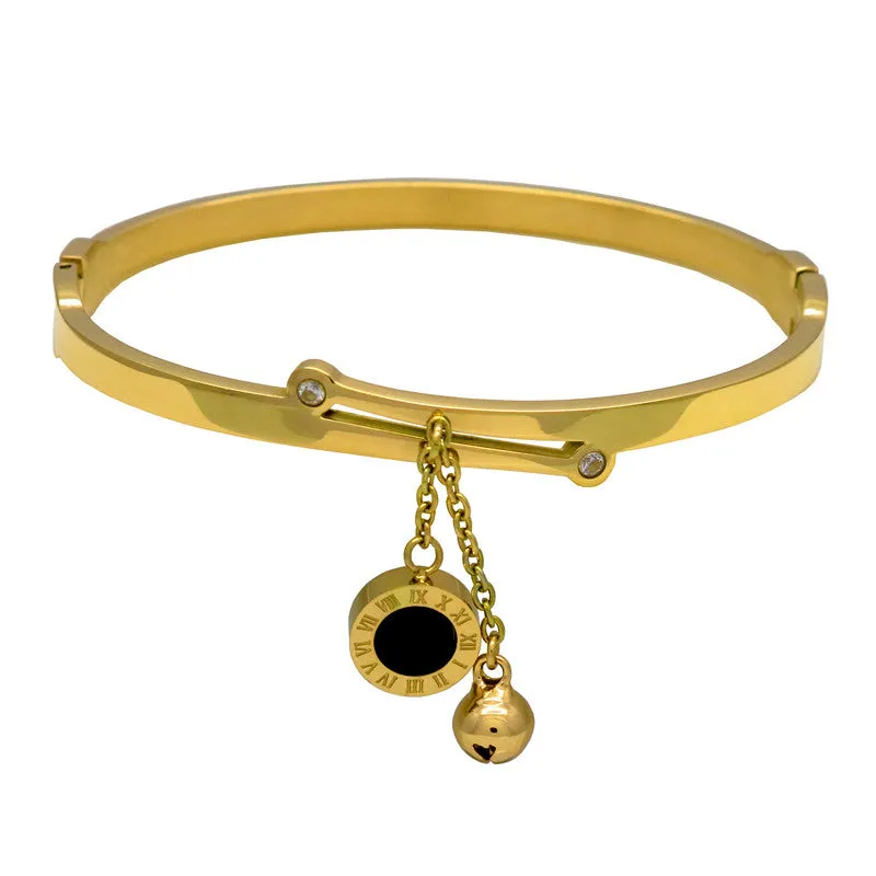 Roman Letter two-sided Shell Pendant With Bells Female Bracelets & Bangles Fashion Jewelry Design Women Stainless Steel Bracelet