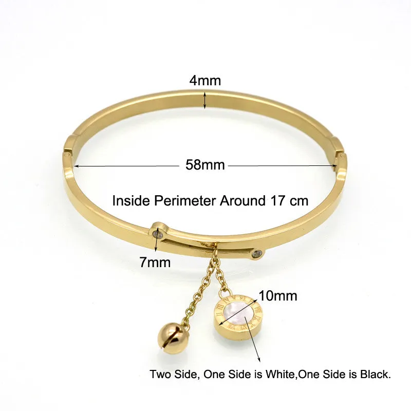 Roman Letter two-sided Shell Pendant With Bells Female Bracelets & Bangles Fashion Jewelry Design Women Stainless Steel Bracelet