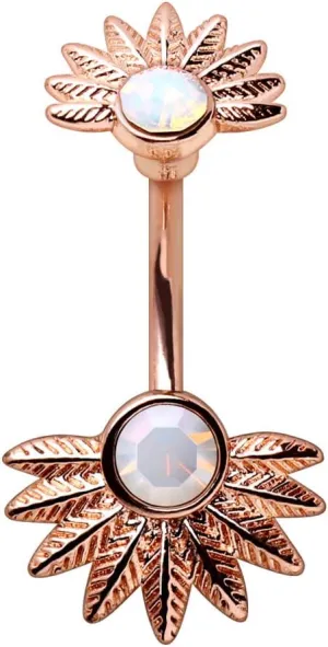 Rose Gold Plated White Synthetic Opal Palm Leaves Navel Rings 14GA 3/8"