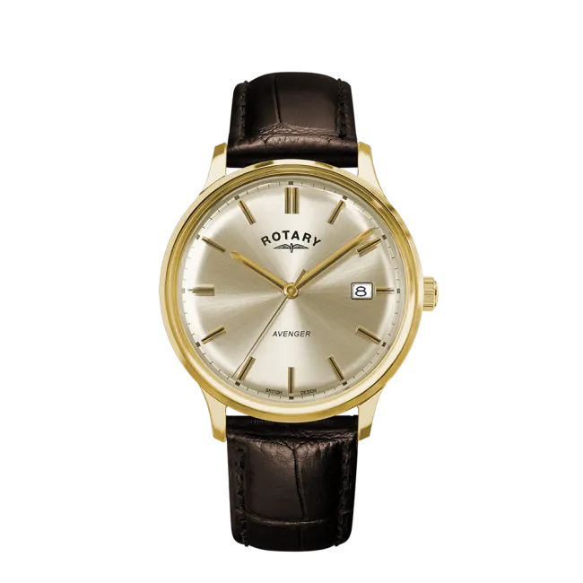 Rotary Gents Gold Plated 'Avenger' Brown Leather Strap Watch
