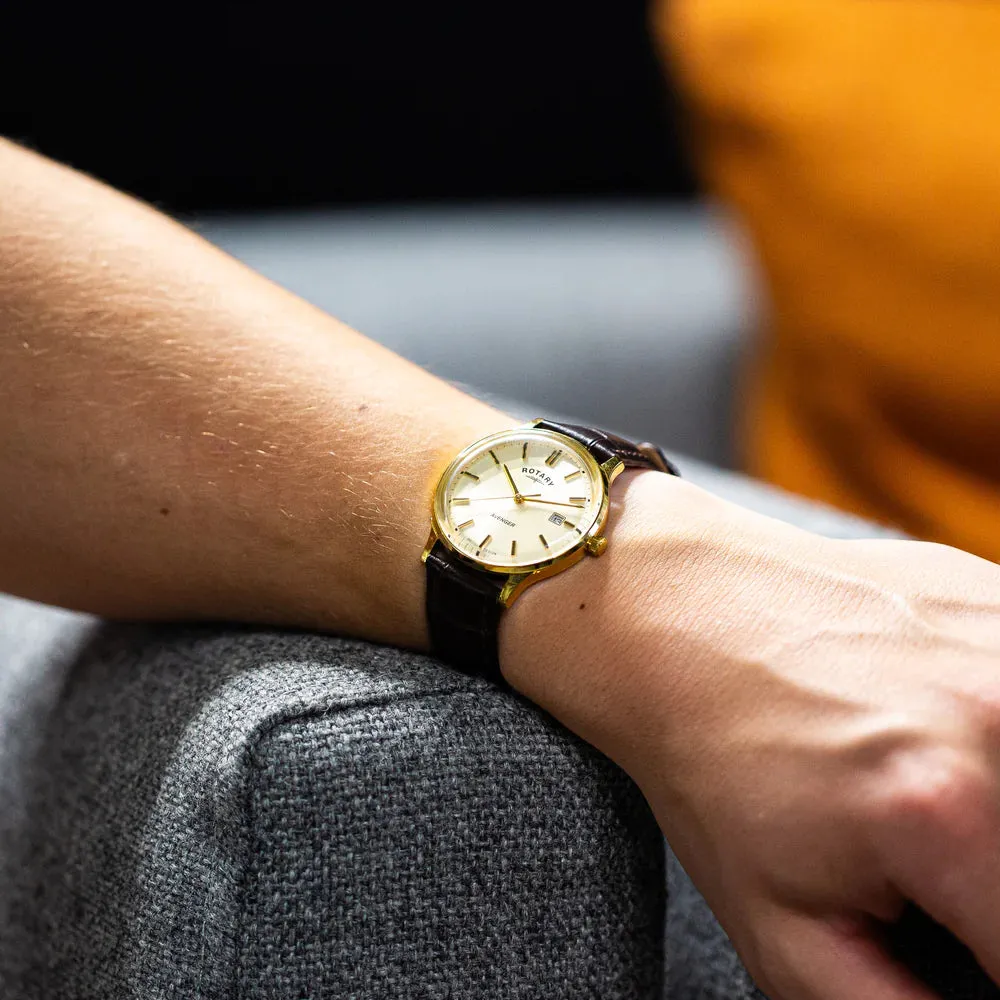 Rotary Gents Gold Plated 'Avenger' Brown Leather Strap Watch
