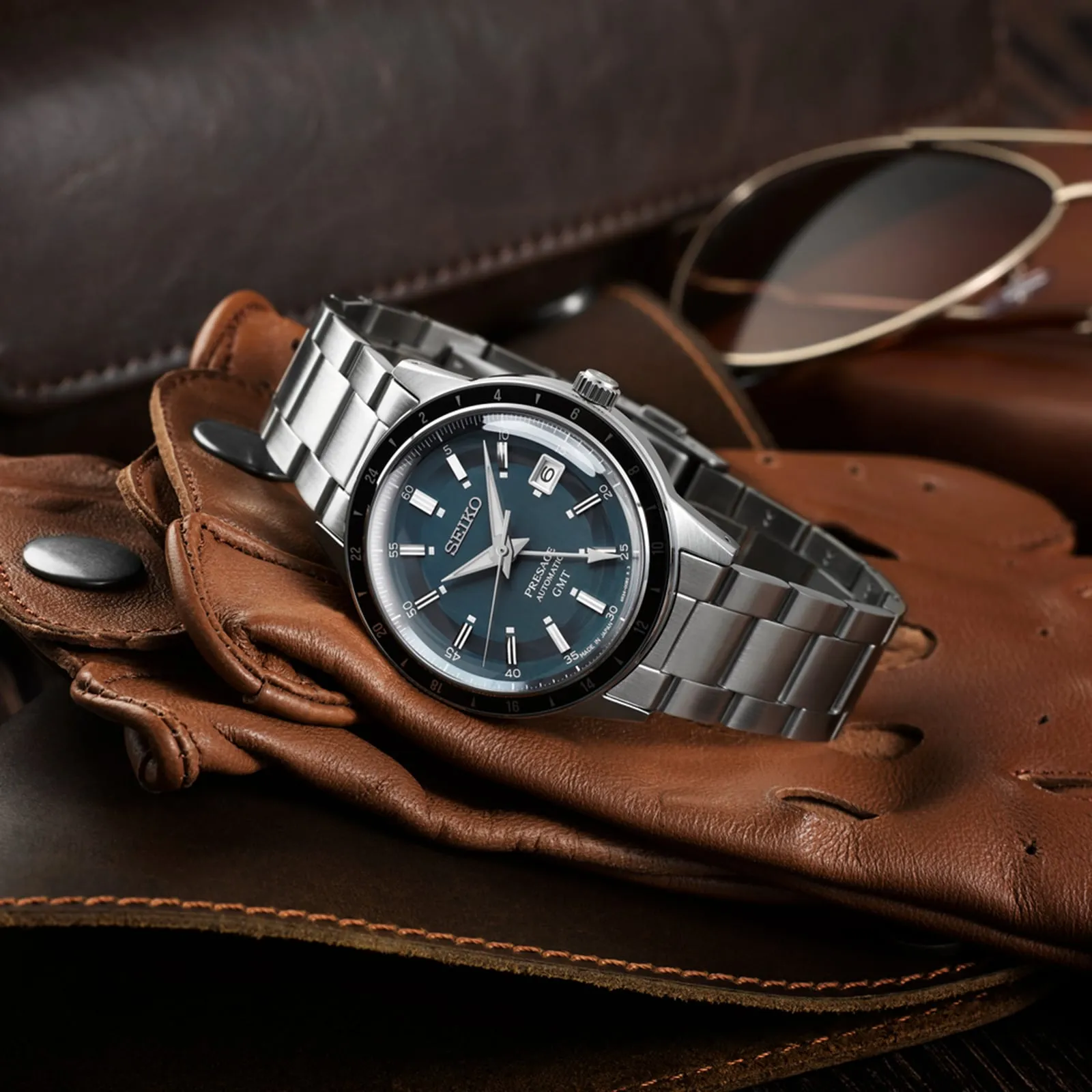 Seiko  Presage 'Petrol Blue' Style 60s Road Trip GMT 41mm Mens Watch Blue