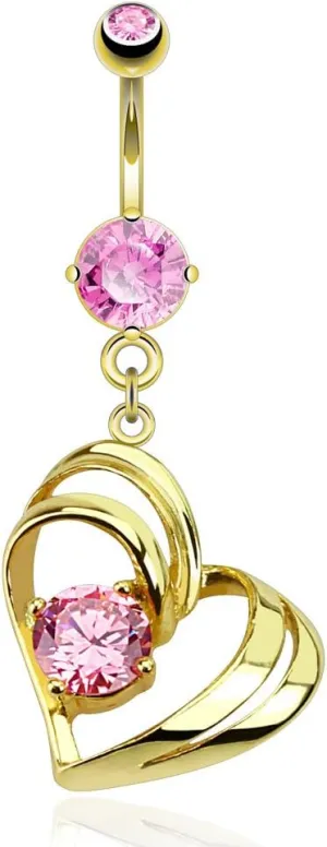 Single Pronged Gem in Hollow Heart Dangle Gold Plated WildKlass Navel Ring (Sold by Piece)