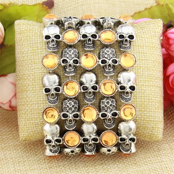 Skull skeleton stretch bracelet for women biker bling jewelry antique gold silver plated W crystal wholesale dropship