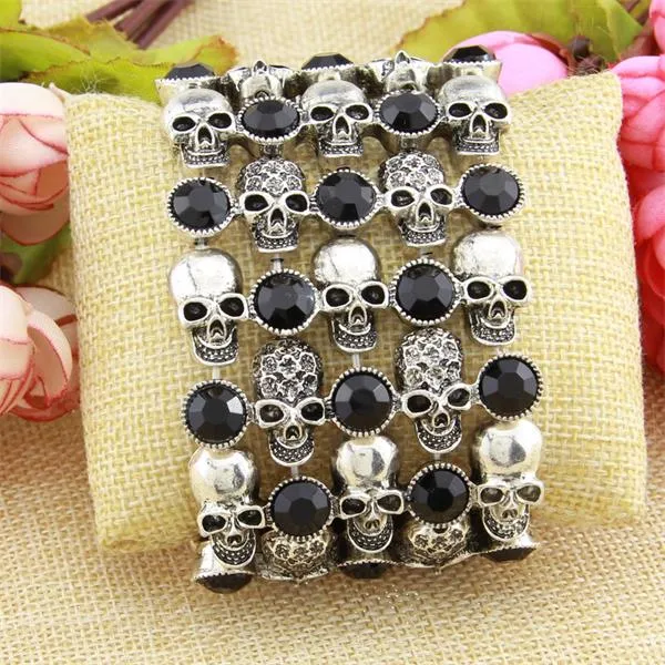 Skull skeleton stretch bracelet for women biker bling jewelry antique gold silver plated W crystal wholesale dropship
