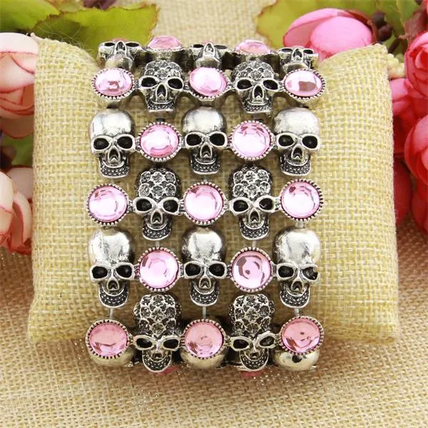 Skull skeleton stretch bracelet for women biker bling jewelry antique gold silver plated W crystal wholesale dropship