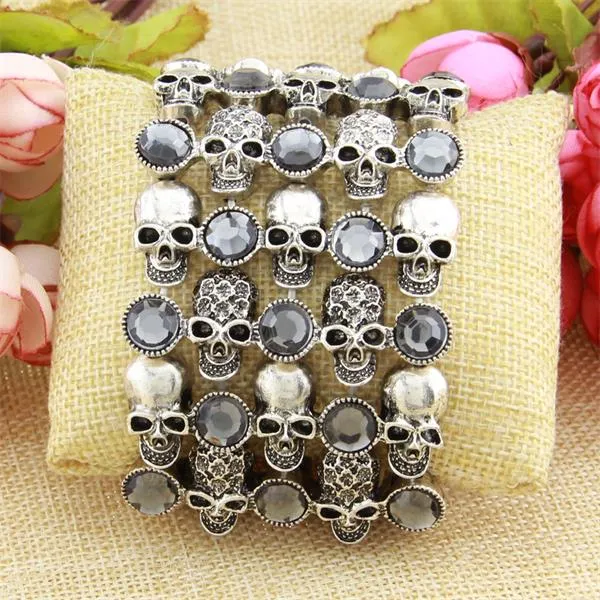 Skull skeleton stretch bracelet for women biker bling jewelry antique gold silver plated W crystal wholesale dropship