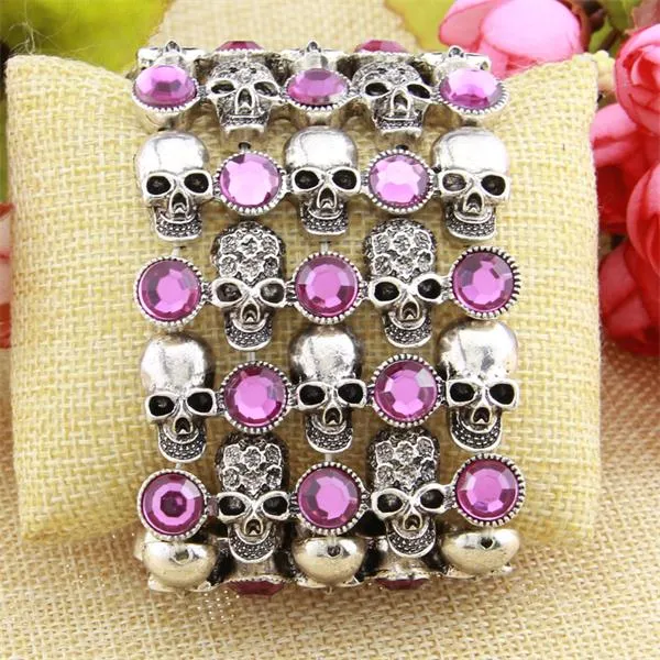 Skull skeleton stretch bracelet for women biker bling jewelry antique gold silver plated W crystal wholesale dropship