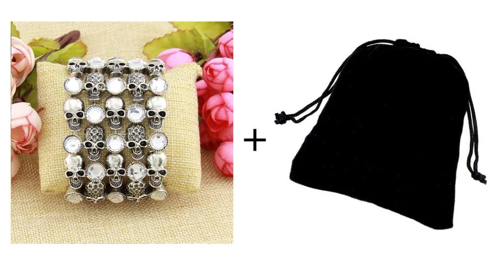 Skull skeleton stretch bracelet for women biker bling jewelry antique gold silver plated W crystal wholesale dropship