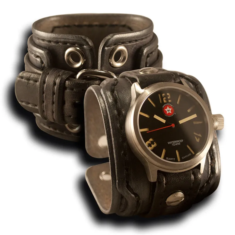 Slate Layered Leather Cuff Watch with 42mm Stainless Watch
