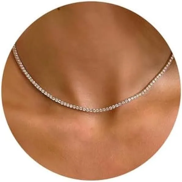 Tewiky Tennis Necklace 14K Gold Plated/Silver Sparking Rhinestone Choker Necklaces Dainty Crystal Cubic Zirconia Bridal Wedding Jewelry for Women