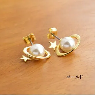 Timlee E062  Free shipping Cute Planet Saturn Star Imitation Pearl Stud Earrings