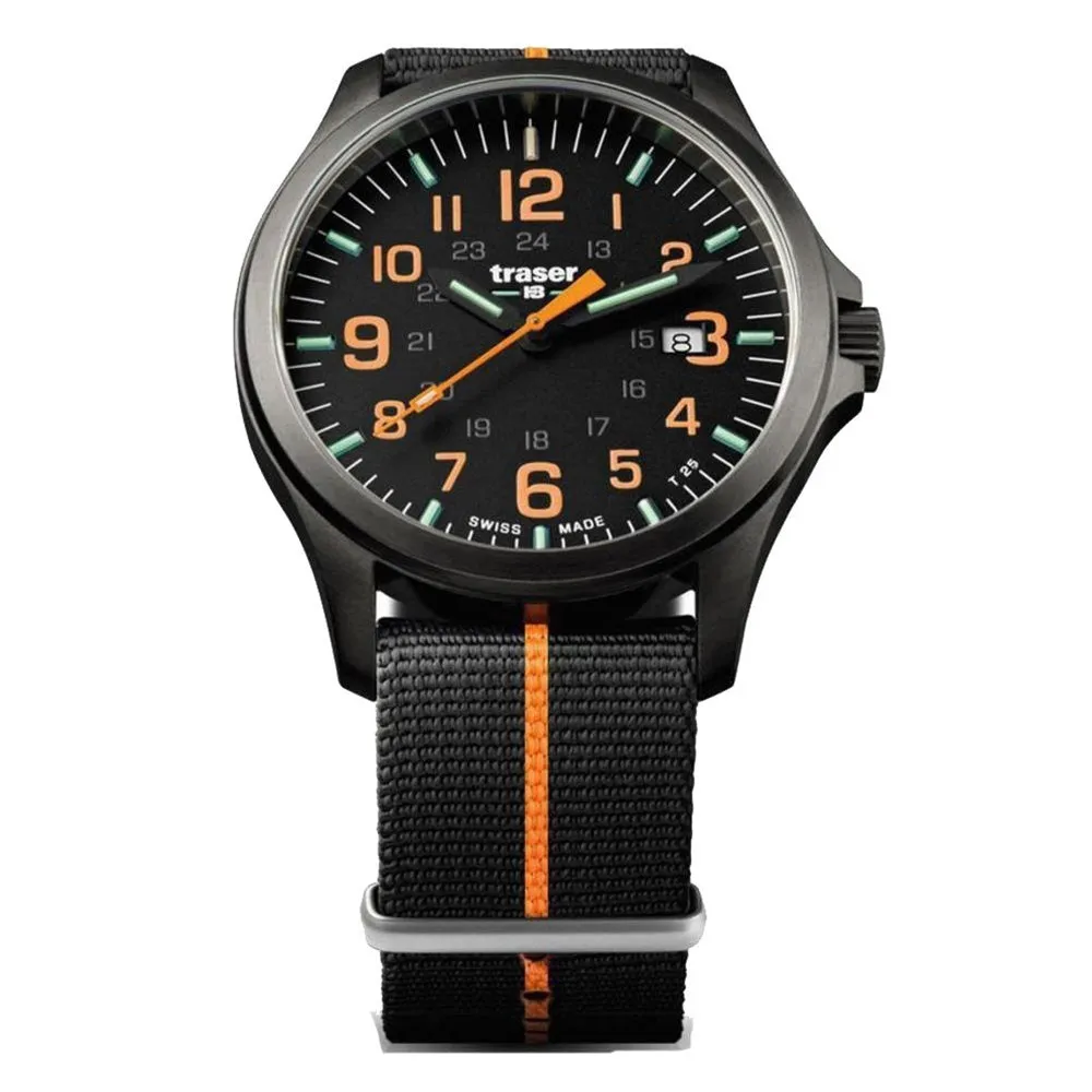 Traser P67 Officer Pro Gunmetal Mens Black/Orange Textile Band Black Quartz Dial Watch - 107425