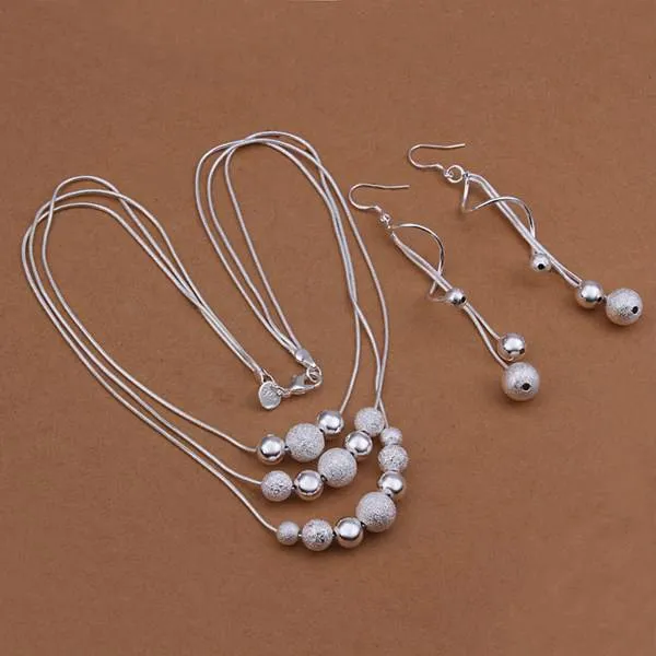 Wholesale  silver plated Jewelry Set,silver Fashion Jewelry,Sand Light Bead Necklace Earring Two Piece Set SMTS423