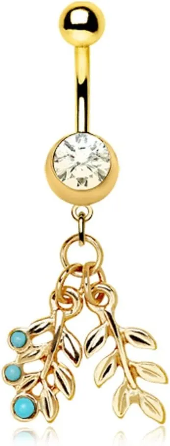 WILDKLASS Gold Plated Double Leaf with Turquoise Dangle Navel Ring