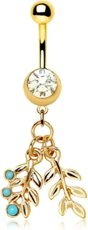 WILDKLASS Gold Plated Double Leaf with Turquoise Dangle Navel Ring