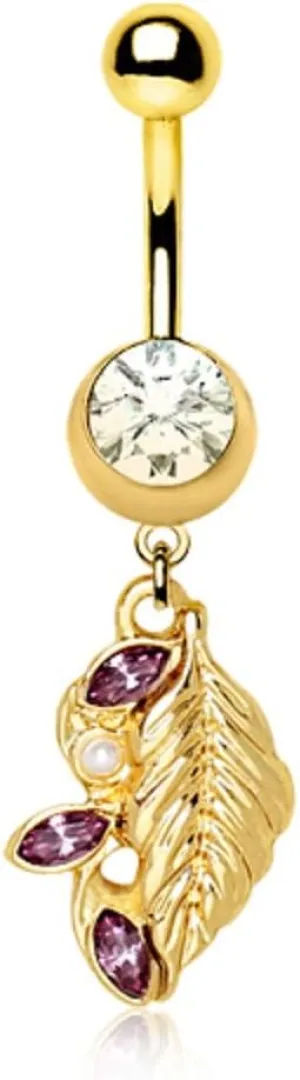 WILDKLASS Gold Plated Jeweled Fantasy Leaf Dangle Navel Ring